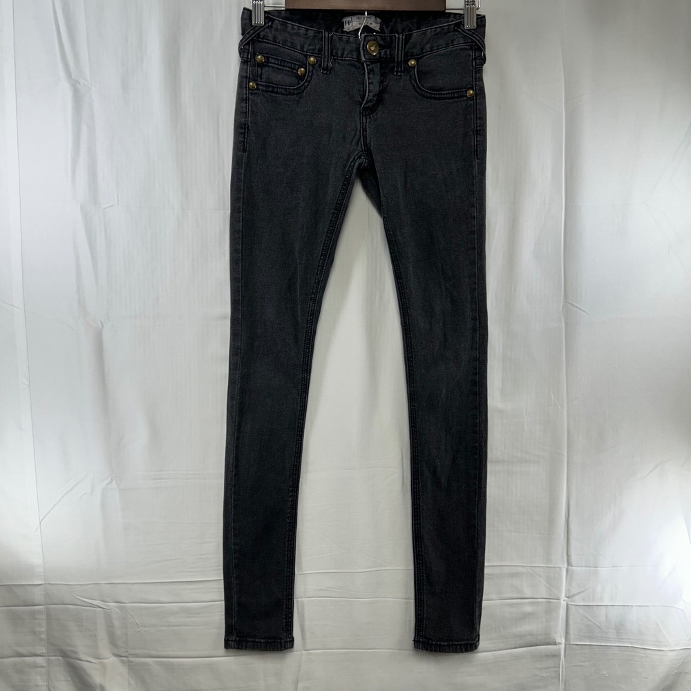 Free People Skinny Jeans Womens 25 Black Washed Low Rise Brass Rivets